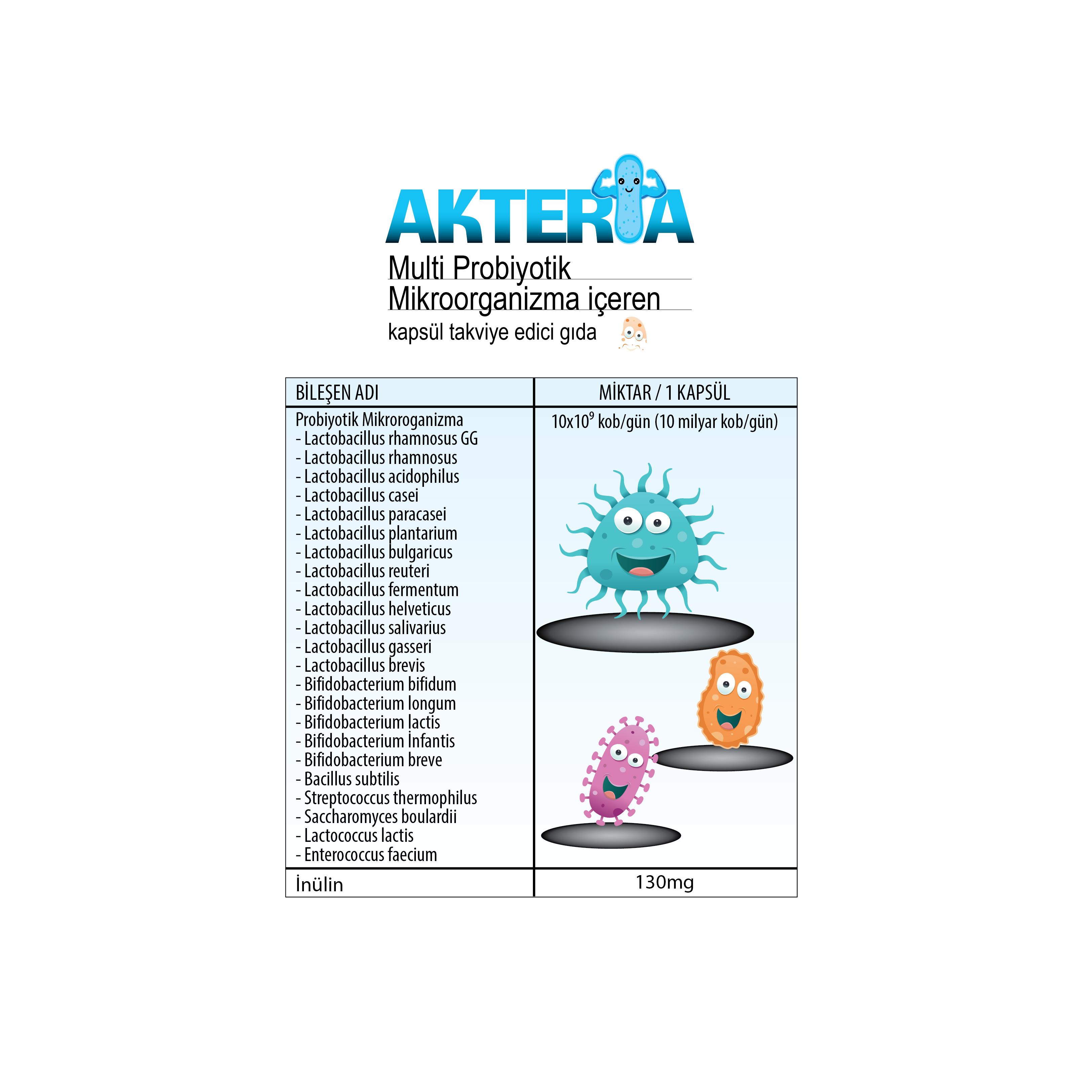 Akteria 23 farklı Probiyotik Mikroorganizma içeren 30 Enterik Kapsül
