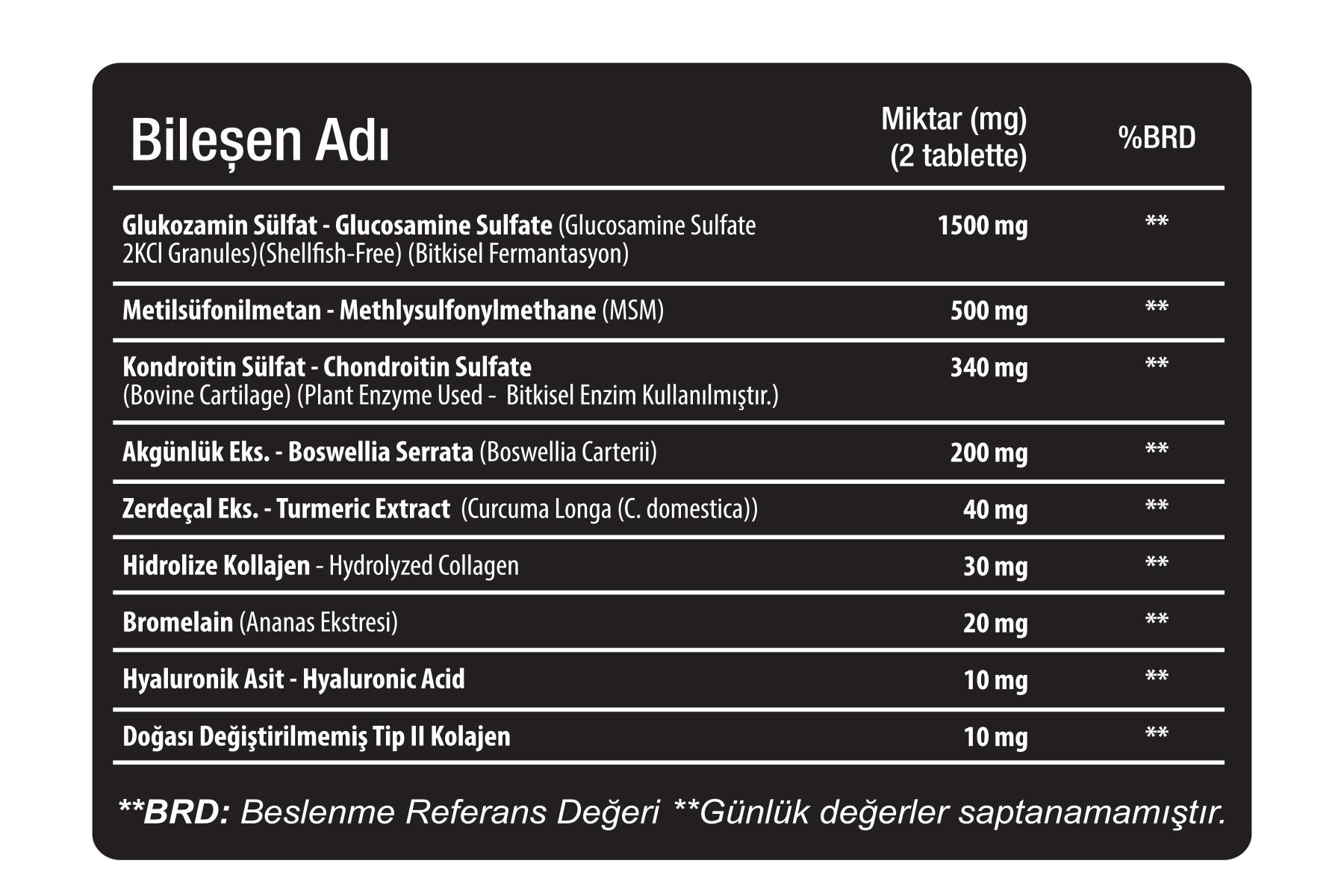 Glukozamin MSM Chondroitin Kolajen Hyaluronik asit Bromelain Boswellia Zerdeçal içeren 30 Tablet