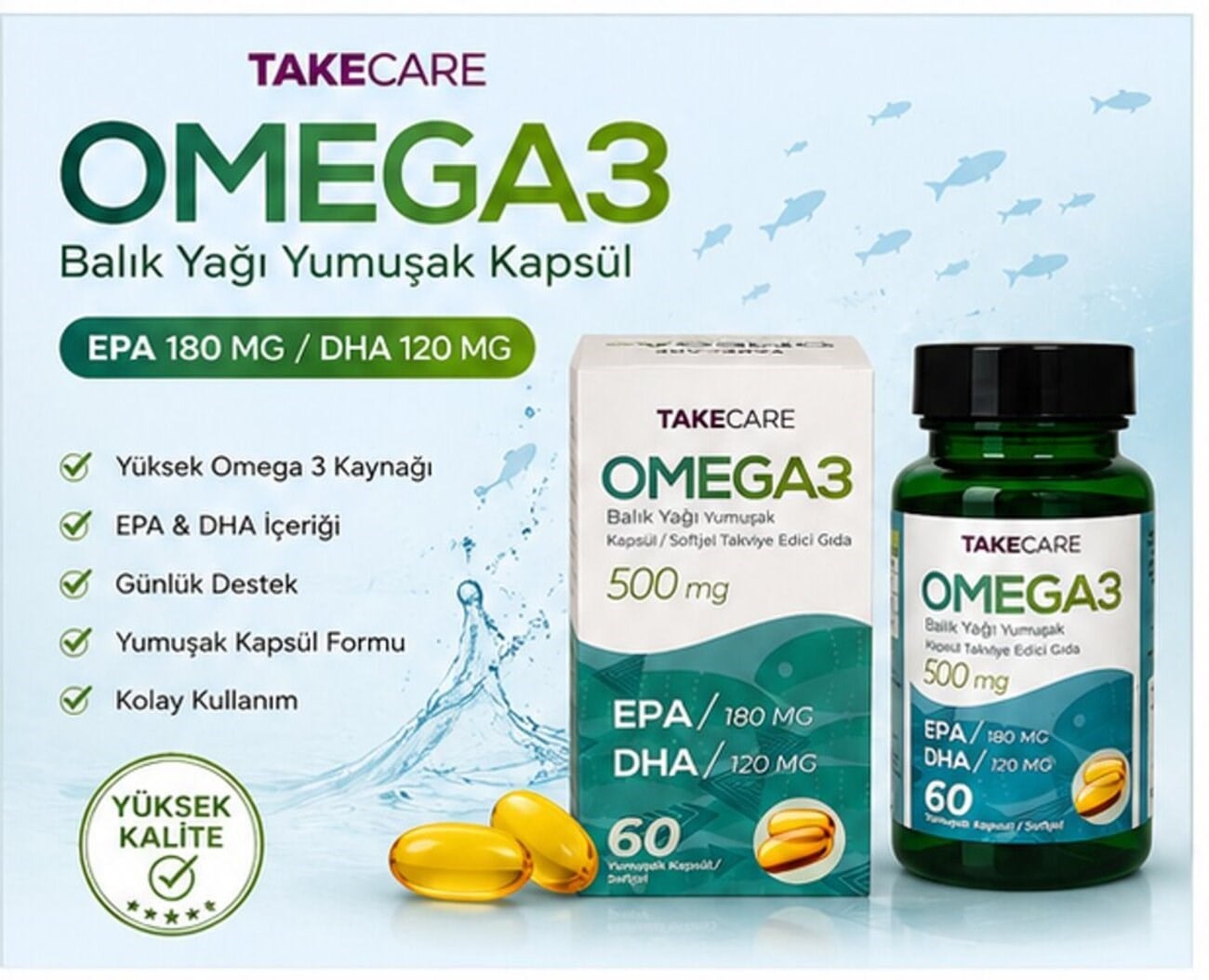 Omega 3 Balık yağı fish oil 500 mg 60 adet Softjel Yumuşak Kapsül takviye gıda EPA DHA