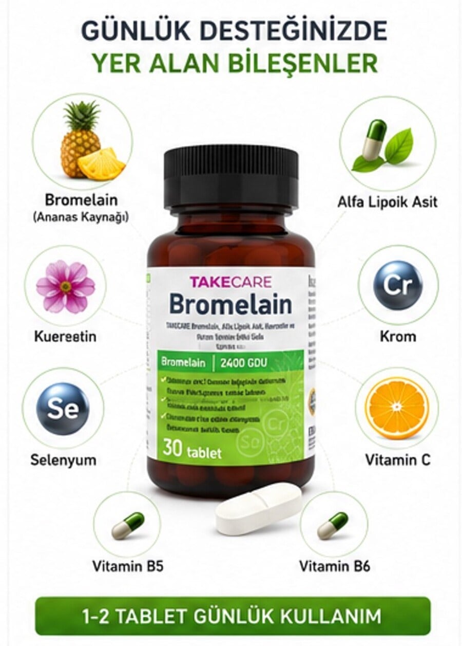 TAKECARE Bromelain, Alfa Lipoik Asit, Kuersetin ve Krom İçeren Takviye Edici Gıda 30 Tablet