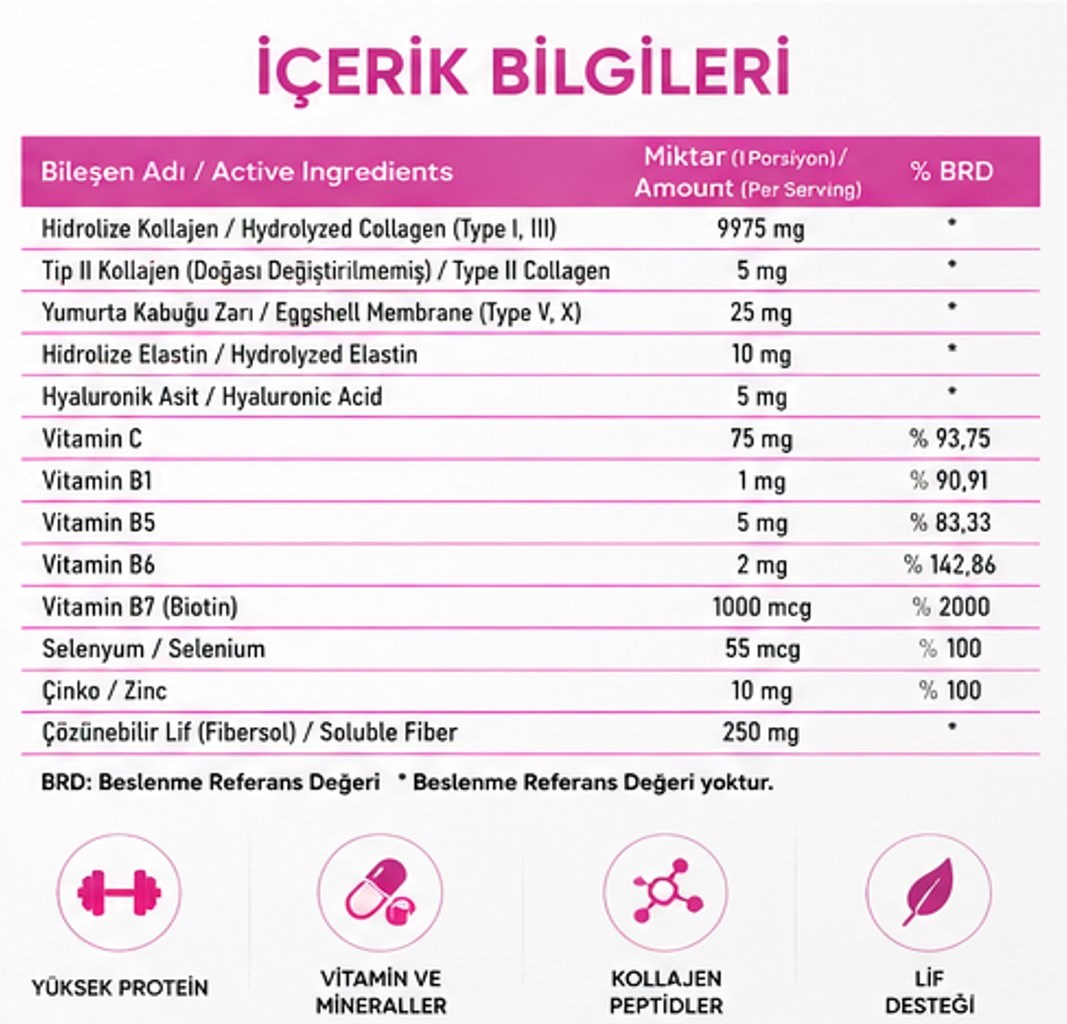 Takecare Collagen Peptides Tip I, II, III, V, X, Hidrolize Elastin, Hyaluronik Asit, Vitamin ve Mineraller