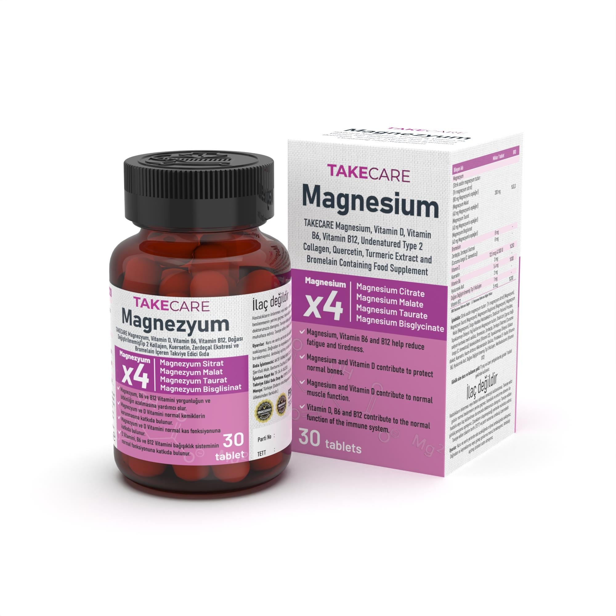 TAKECARE Magnezyum, Vitaminler, Zerdeçal ve Bromelain İçeren 30 Tablet