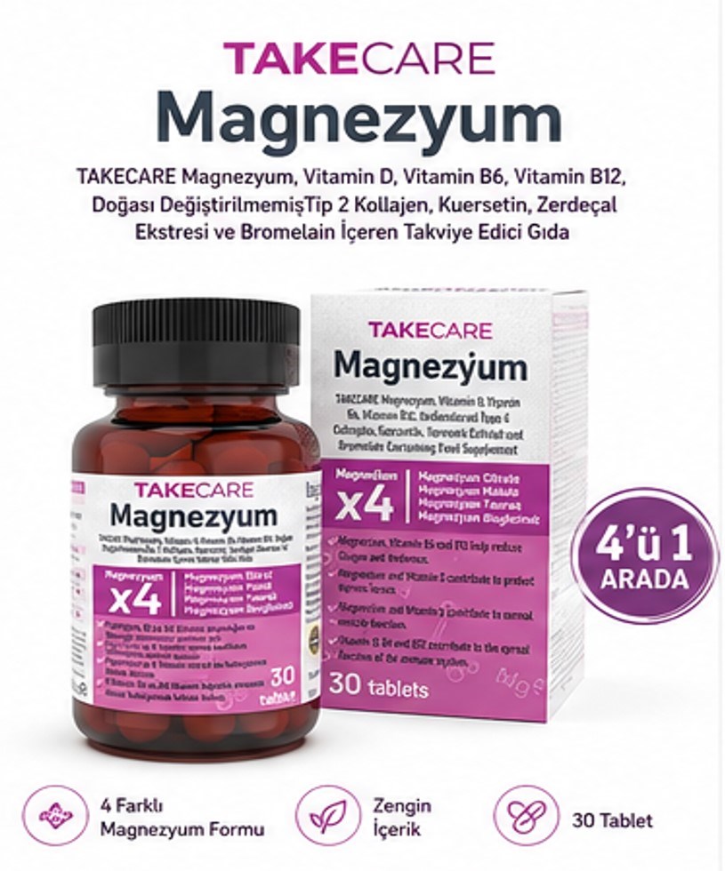 TAKECARE Magnezyum, Vitaminler, Zerdeçal ve Bromelain İçeren 30 Tablet