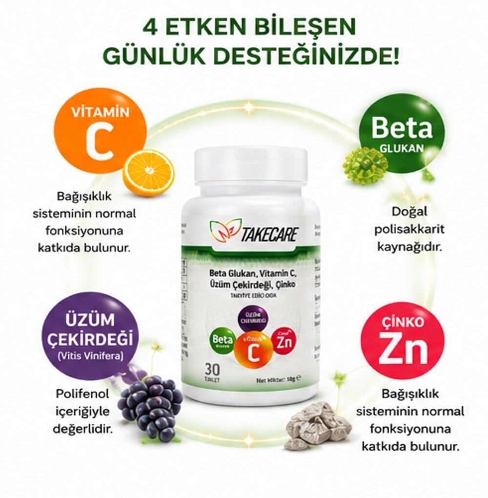 Takecare Vitamin C Çinko ve Beta Glukan içeren 30 Tablet