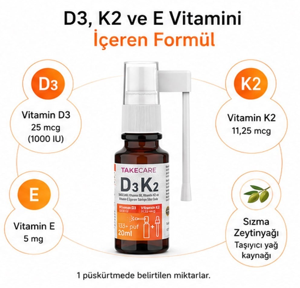 TAKECARE Vitamin D3, Vitamin K2 ve Vitamin E İçeren Takviye Edici Gıda 20ml Sprey ve Damla