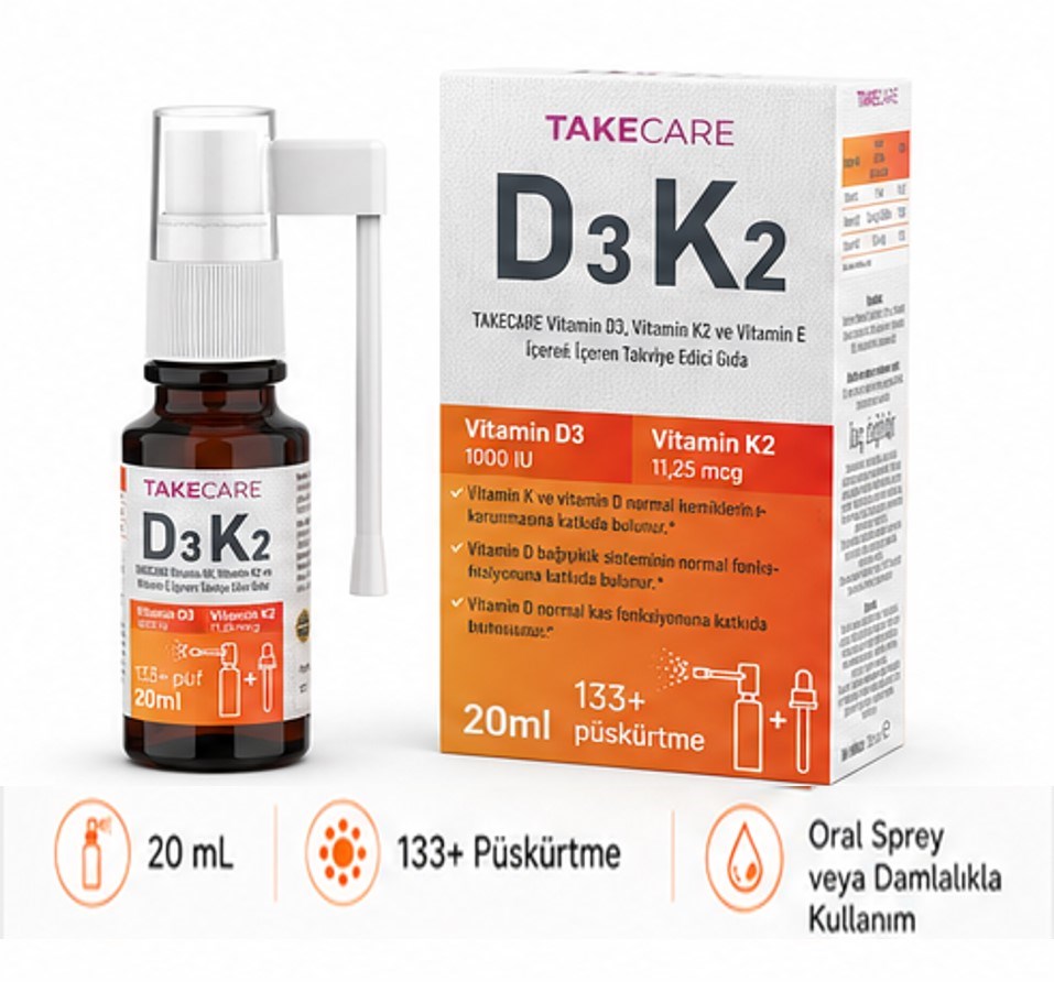 TAKECARE Vitamin D3, Vitamin K2 ve Vitamin E İçeren Takviye Edici Gıda 20ml Sprey ve Damla