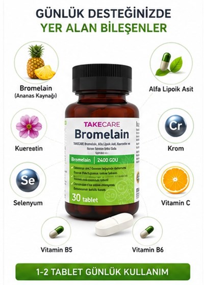 TAKECARE Bromelain, Alfa Lipoik Asit, Kuersetin ve Krom İçeren Takviye Edici Gıda 30 Tablet
