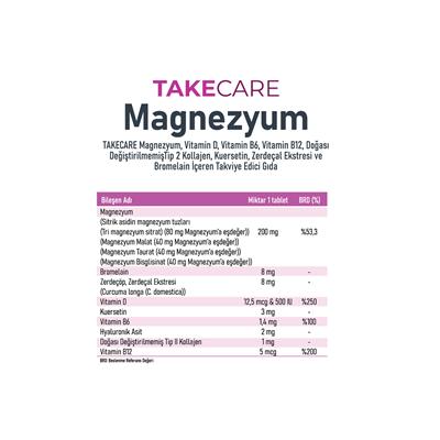 TAKECARE Magnezyum, Vitaminler, Zerdeçal ve Bromelain İçeren 30 Tablet
