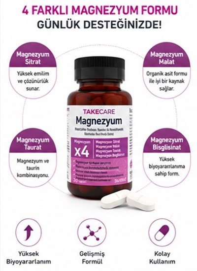 TAKECARE Magnezyum, Vitaminler, Zerdeçal ve Bromelain İçeren 30 Tablet