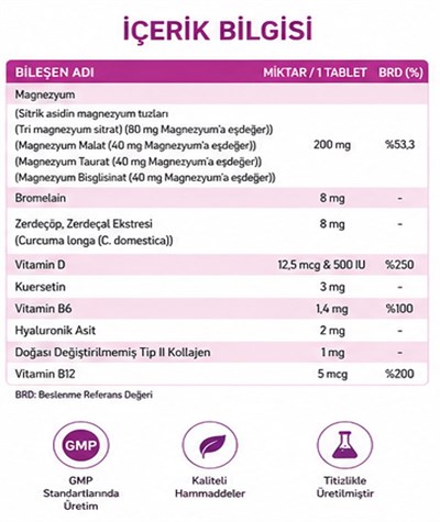 TAKECARE Magnezyum, Vitaminler, Zerdeçal ve Bromelain İçeren 30 Tablet
