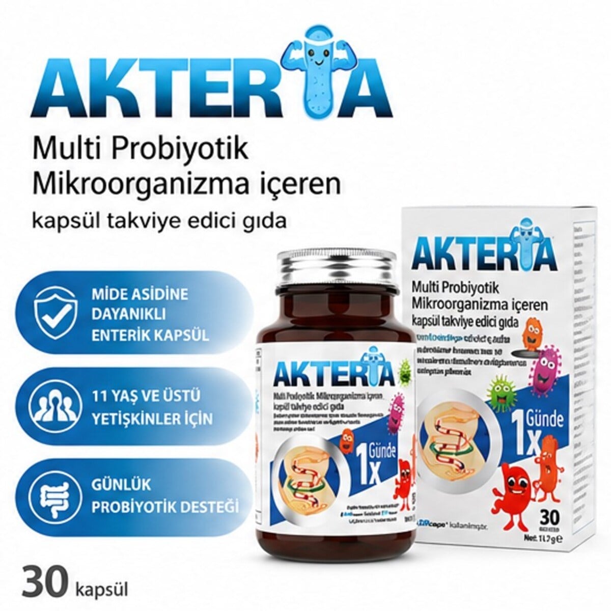 Akteria 23 farklı Probiyotik Mikroorganizma içeren 30 Enterik Kapsül