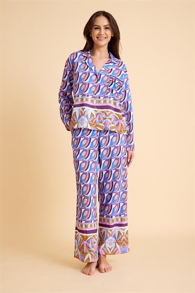 Liberty Mor Desenli Gömlek Yaka Pijama Takımı-Önden Düğmeli, Viskon