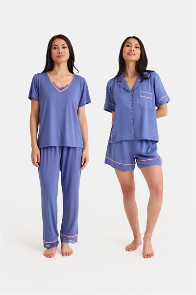 Dream Gri Mavi Viskon 4 Parça Pijama Takım Seti
