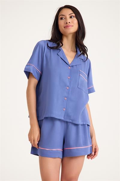 Dream Gri Mavi Viskon Kısa Kollu Şortlu Önden Düğmeli Pijama Takım