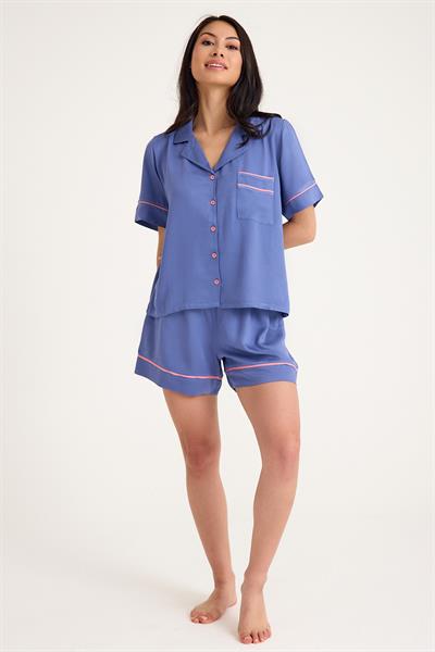 Dream Gri Mavi Viskon Kumaş Kısa Kollu Şortlu Düğmeli Pijama Takım