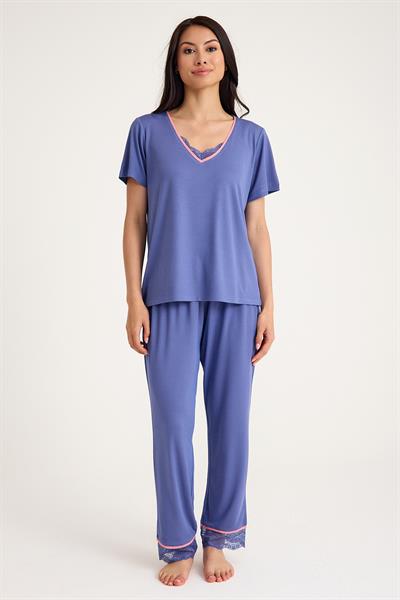 Dream Gri Mavi Viskon V Yaka Dantel Detaylı Pijama Takımı