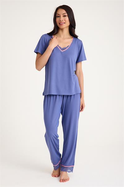 Dream Gri Mavi Viskon V Yaka Dantel Detaylı Pijama Takımı