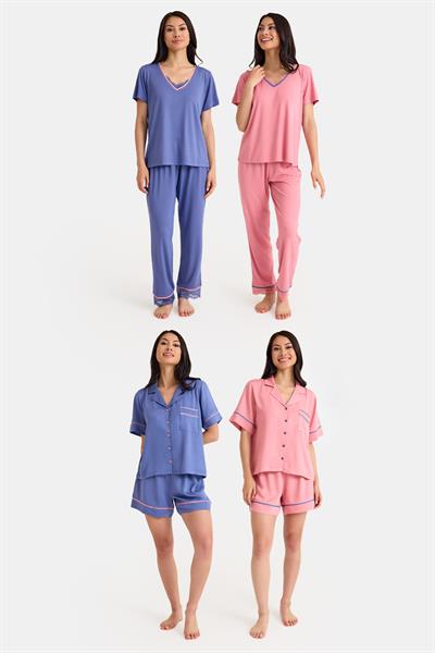 Dream Mavi/Pembe Dantel Detaylı Uzun ve Şortlu Önden Düğmeli 8 Parça Pijama Takım Set