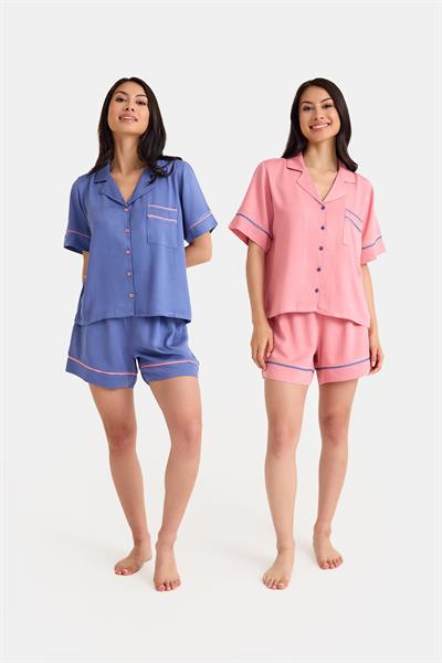 Dream Mavi/Pembe Kısa Kollu Şortlu Önden Düğmeli 4 Parça Pijama Takım Set