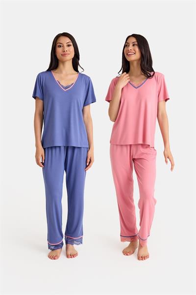 Dream Mavi/Pembe V Yaka Dantel Detaylı 4 Parça Pijama Takım Set