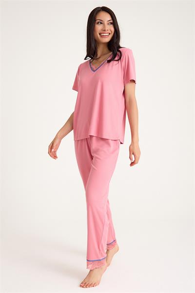 Dream Pembe Viskon V Yaka Dantel Detaylı Pijama Takımı