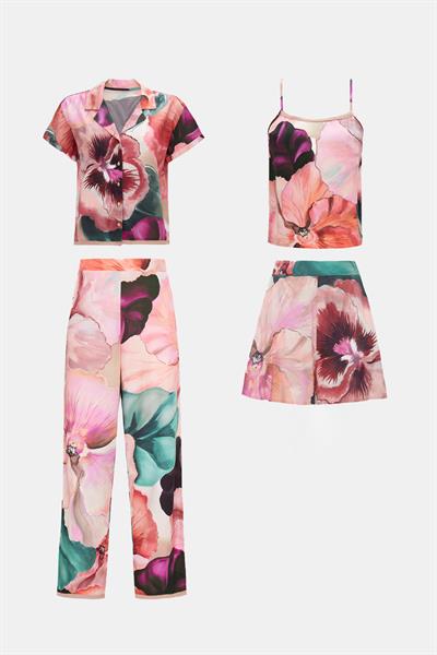 Paradise Sklamen Dokuma Viskon Önden Düğmeli 4 Parça Pijama Takım Seti