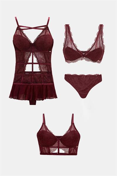 Roma Bordo Dantelli Sütyen Babydoll Külot 4 Parça Çeyiz Seti
