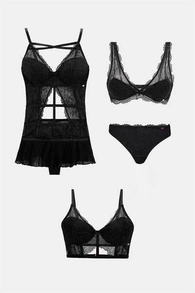 Roma Siyah Dantelli Sütyen Babydoll Külot 4 Parça Çeyiz Seti