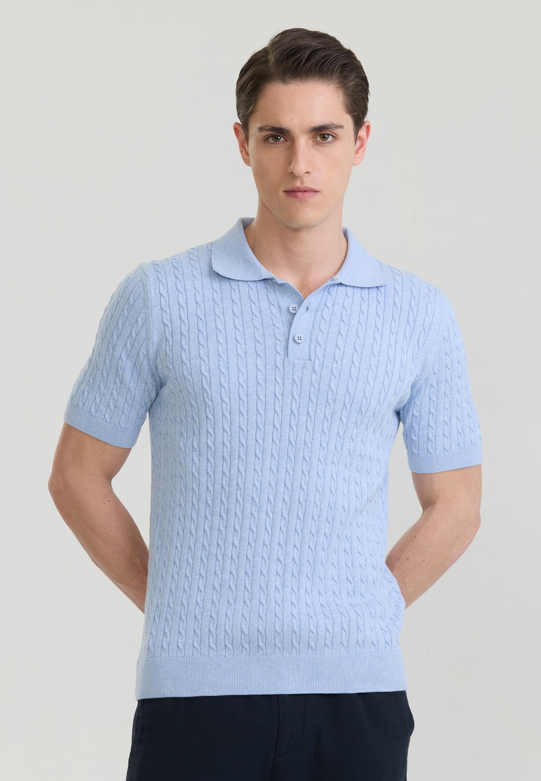 Erkek Saç Örgü Dokulu Triko Polo-Mavi