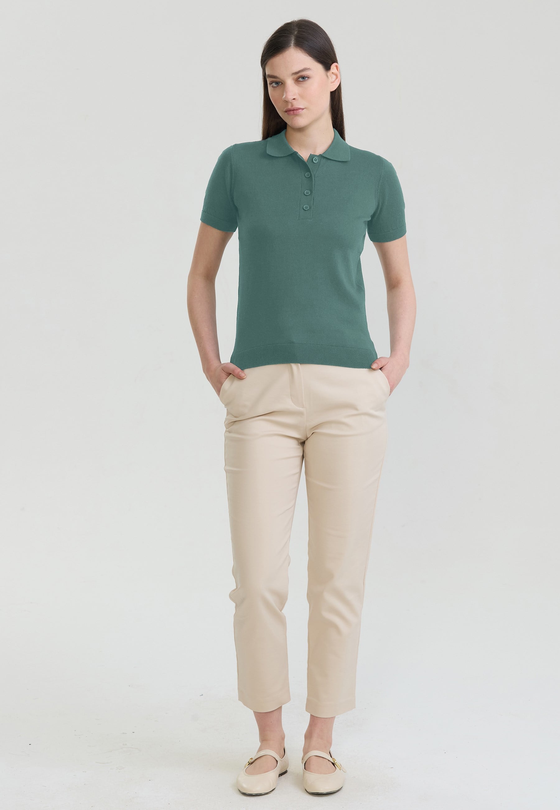 Kadın Basic Düğmeli Triko Polo T-Shirt
