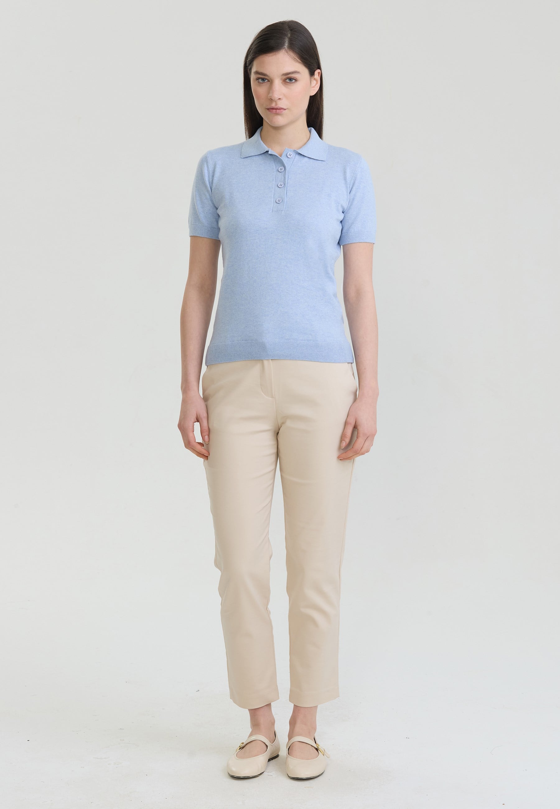 Kadın Basic Düğmeli Triko Polo T-Shirt