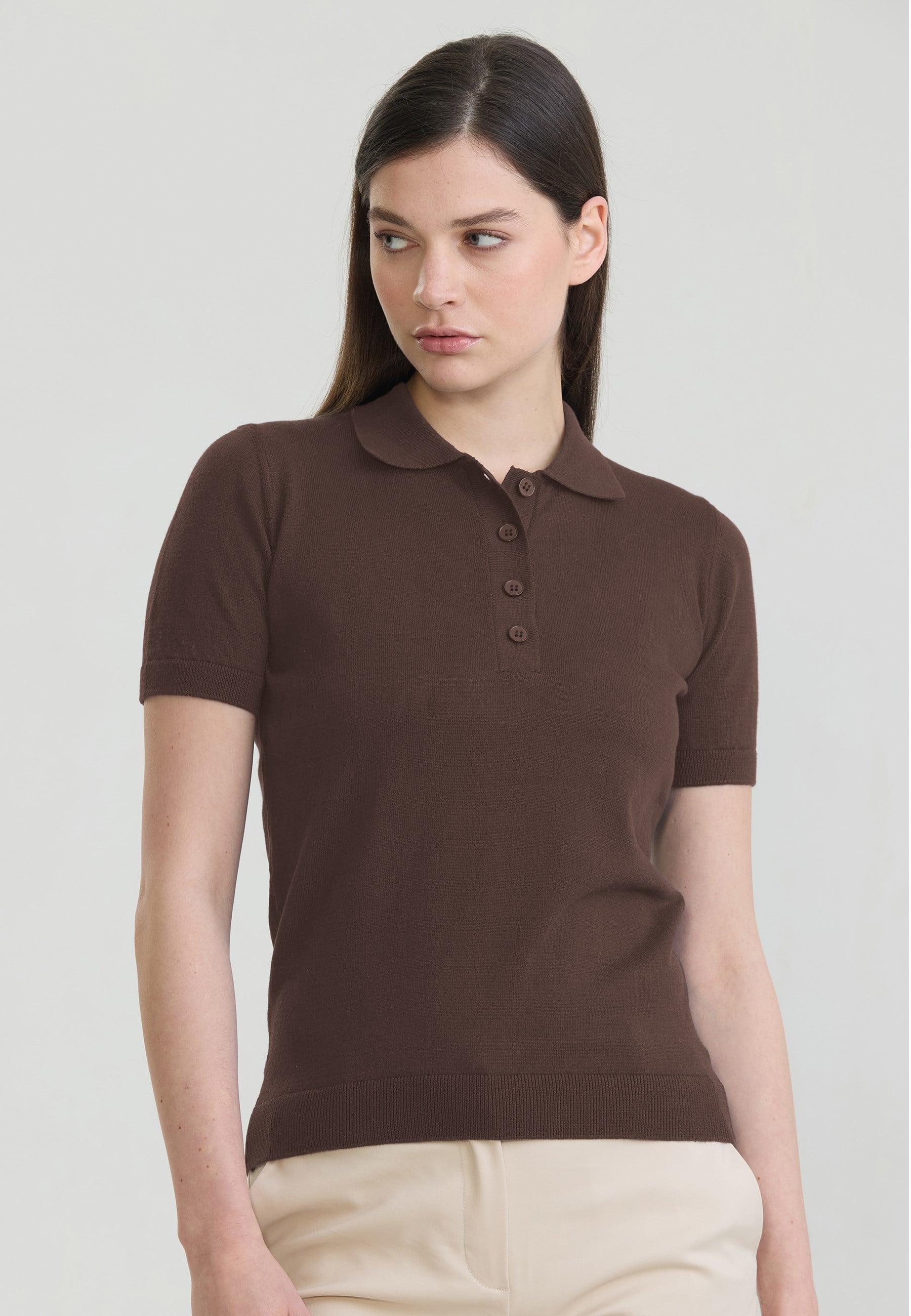 Kadın Basic Düğmeli Triko Polo T-Shirt