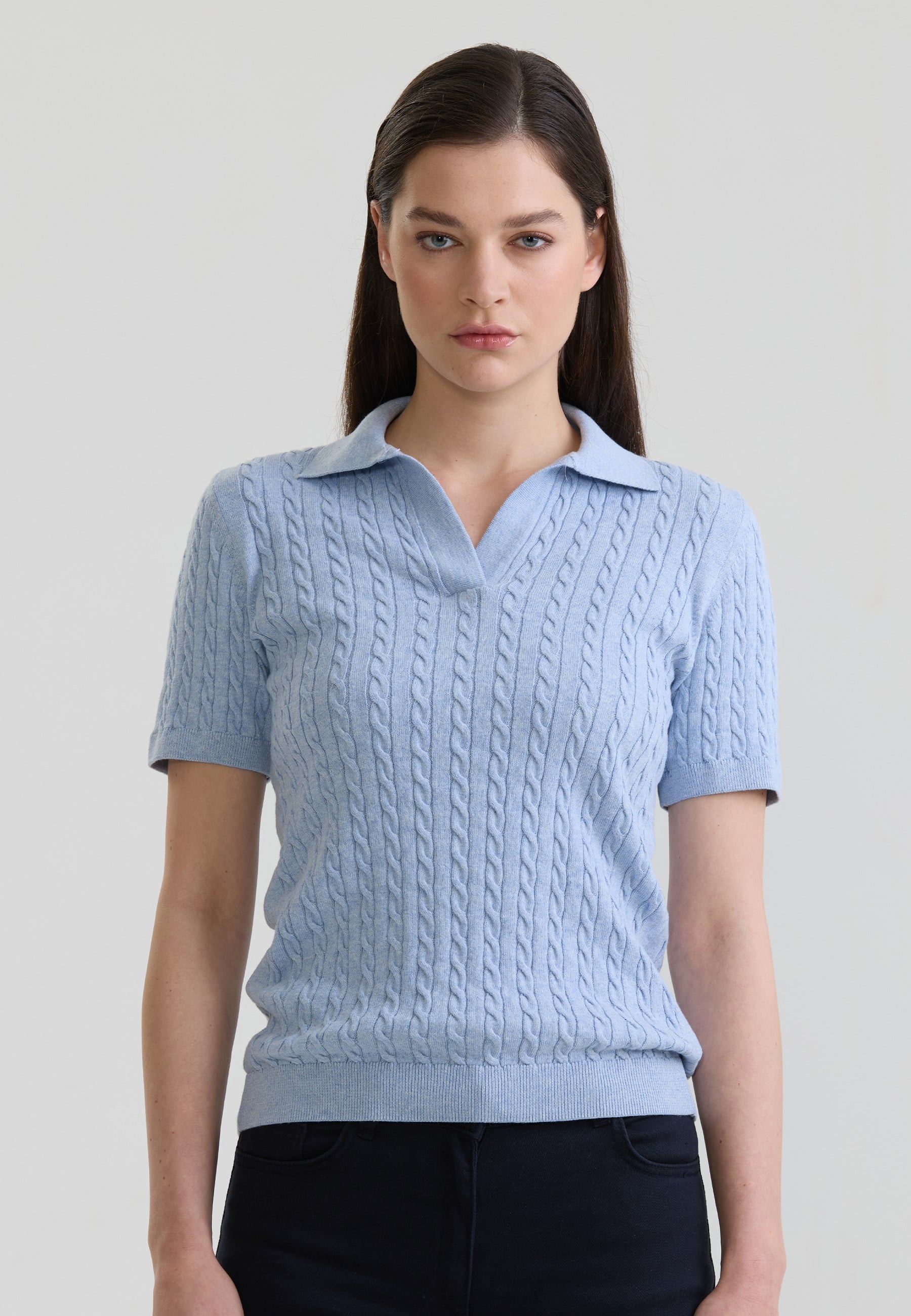 Kadın Saç Örgü Desenli Düğmesiz Triko Polo T-Shirt
