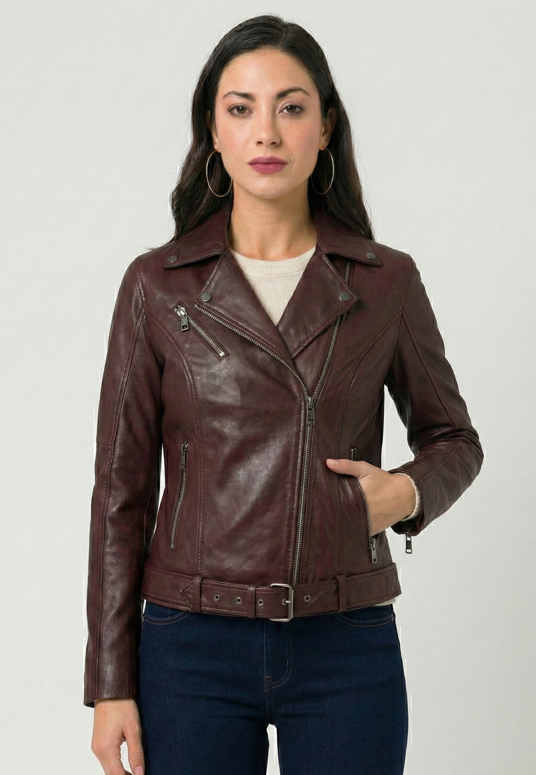 Kadın Slim Fit Çapraz Fermuarlı Deri Ceket - Bordo