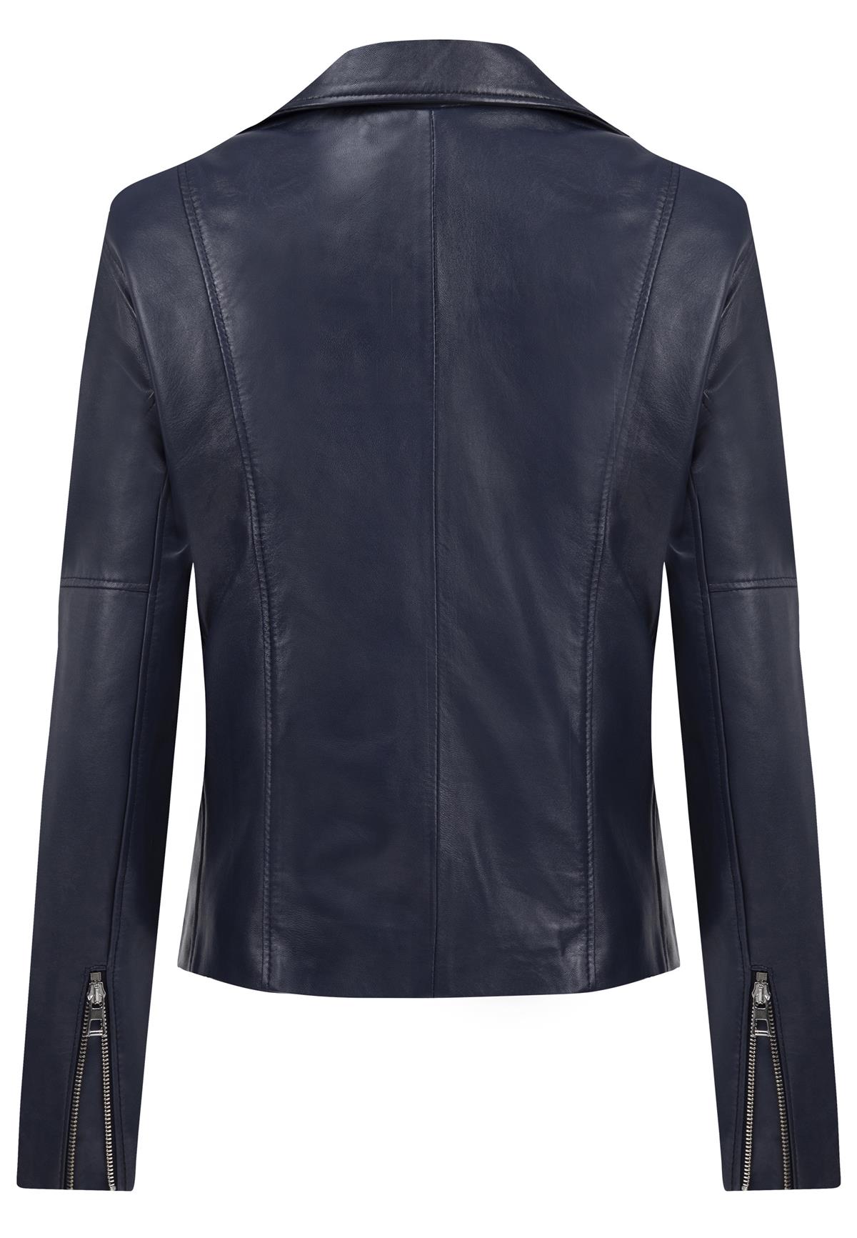 Kadın Slim Fit Çapraz Fermuarlı Deri Ceket - Koyu Mavi