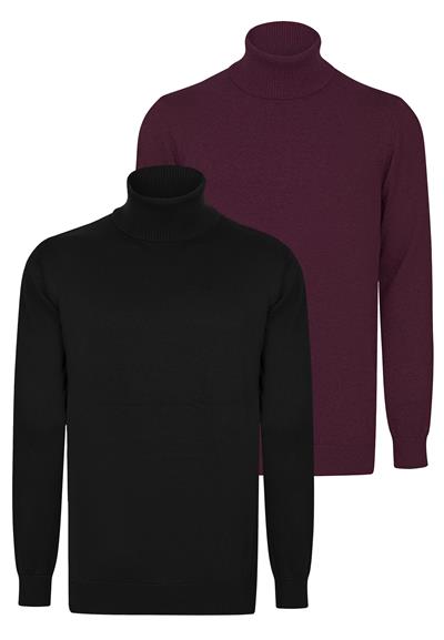 2li Balıkçı Yaka Kazak - Siyah-Bordo