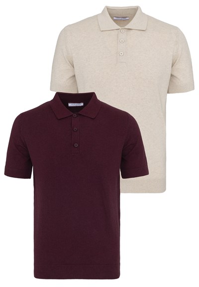 Erkek 2li Polo Yaka Triko Tişört-Bej-Bordo
