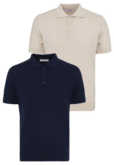 Erkek 2li Polo Yaka Triko Tişört-Bej-Lacivert