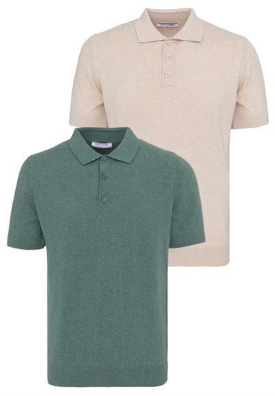 Erkek 2li Polo Yaka Triko Tişört-Bej-Yeşil