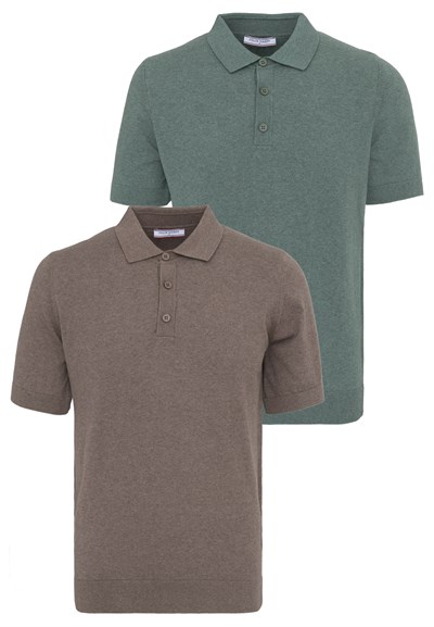 Erkek 2li Polo Yaka Triko Tişört-Kahverengi-Yeşil