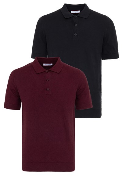 Erkek 2li Polo Yaka Triko Tişört-Siyah-Bordo