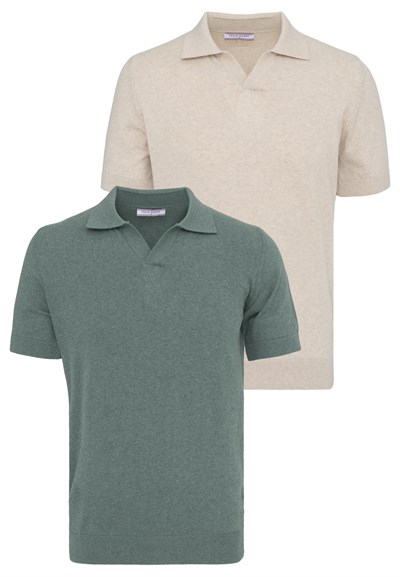 Erkek 2li V Yaka Triko Polo Tişört-Bej-Yeşil