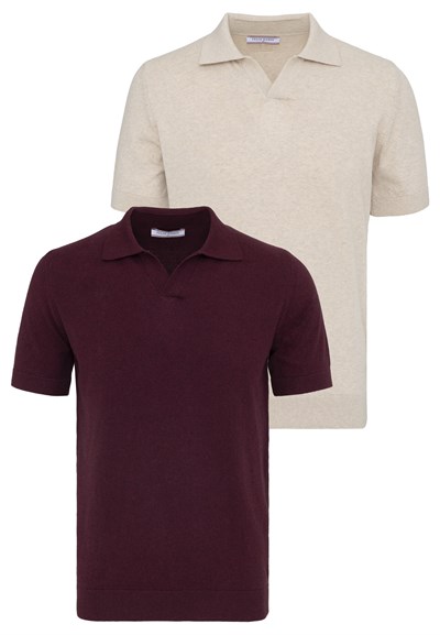 Erkek 2li V Yaka Triko Polo Tişört-Bej-Bordo