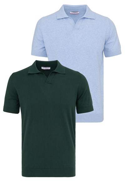 Erkek 2li V Yaka Triko Polo Tişört-Koyu Yeşil-Mavi