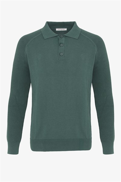 Erkek Düğmeli Polo Yaka  Kazak-Koyu Yeşil