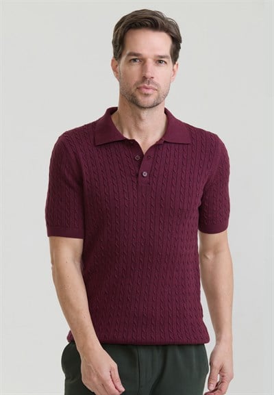 Erkek Saç Örgü Dokulu Triko Polo-Bordo