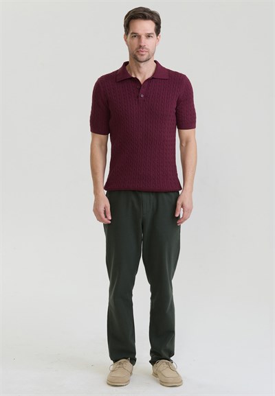 Erkek Saç Örgü Dokulu Triko Polo-Bordo