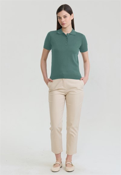 Kadın Basic Düğmeli Triko Polo T-Shirt