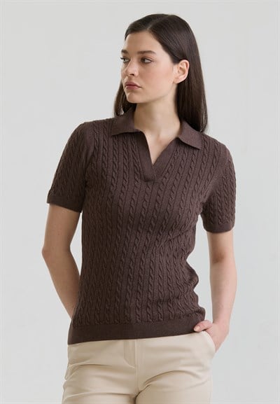 Kadın Saç Örgü Desenli Düğmesiz Triko Polo T-Shirt