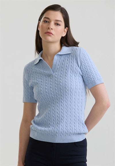 Kadın Saç Örgü Desenli Düğmesiz Triko Polo T-Shirt
